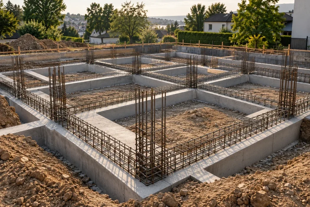 Betonarme temel kirişleri ve kolon donatılarını gösteren temsili şantiye görseli