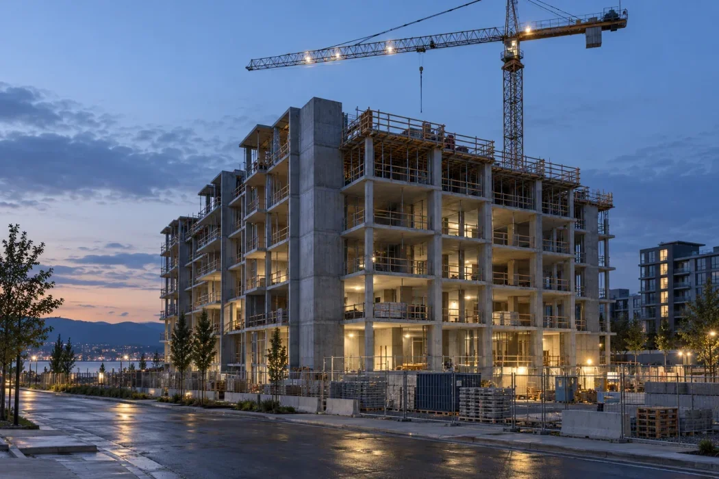 Akşam saatlerinde kule vinç ve betonarme konut inşaatını gösteren temsili şantiye görseli