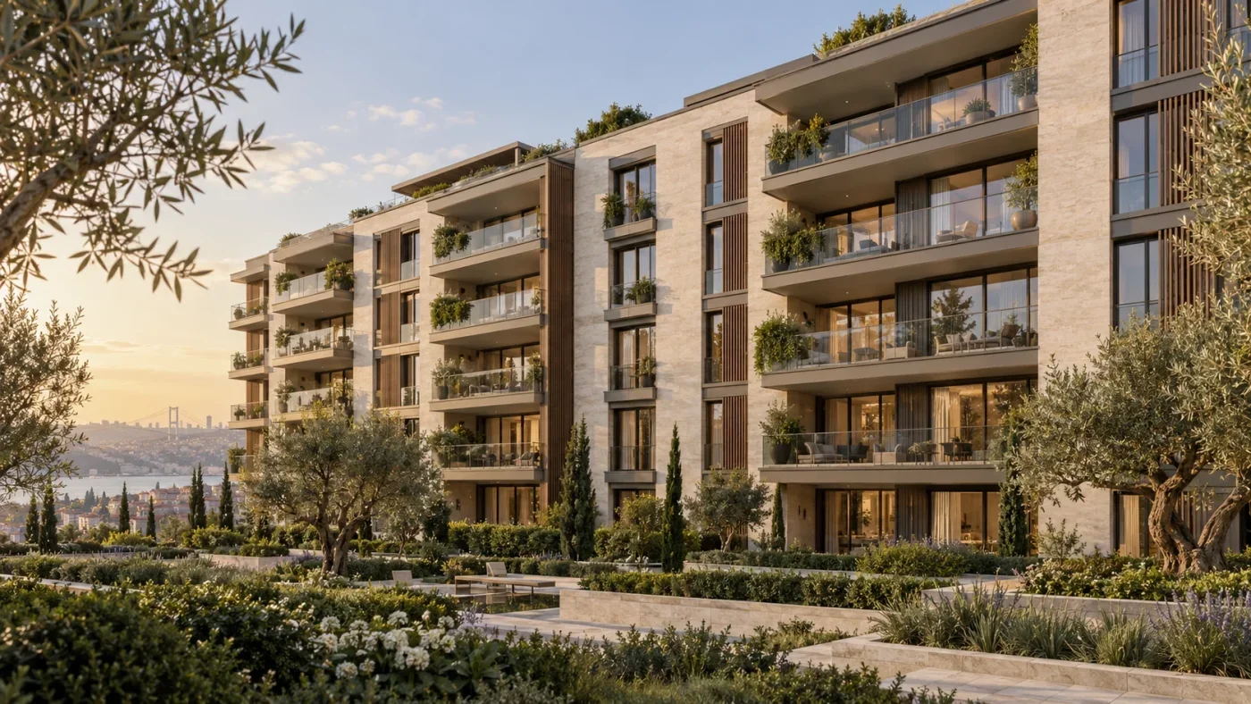 Taş cephe ve geniş balkon detaylarıyla çağdaş konut mimarisini yansıtan konsept görsel