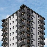 Özlem Apartmanı’nın iki cephesini ve balkonlarını gösteren köşe perspektifi